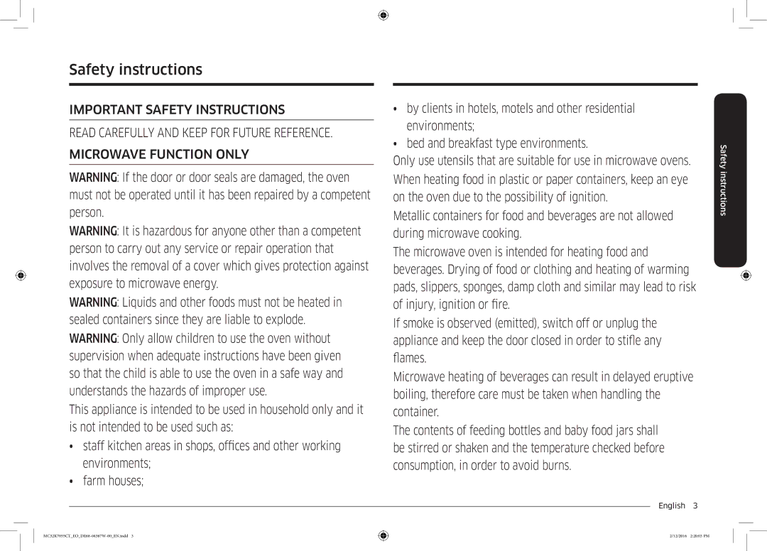 Samsung MC32K7055CT/EO manual Safety instructions, English  